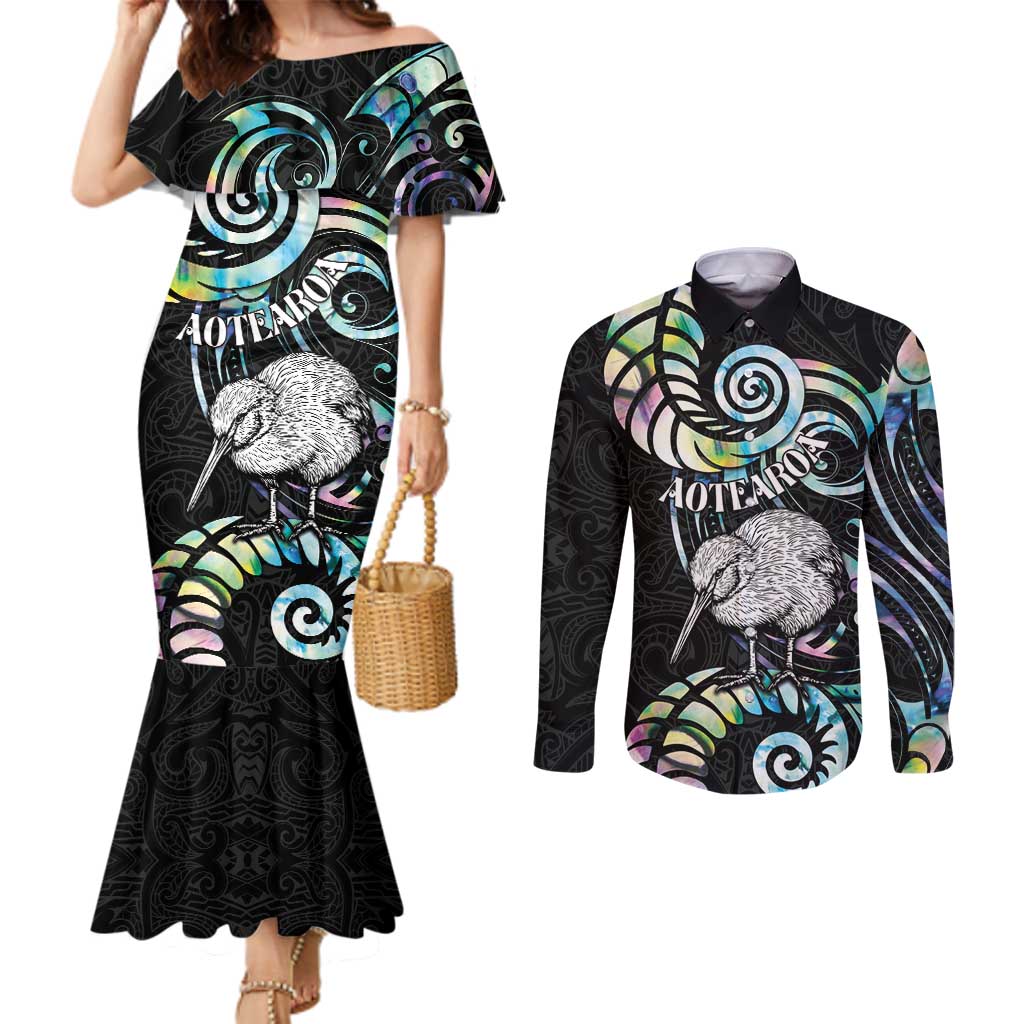 New Zealand Kiwi Bird Couples Matching Mermaid Dress and Long Sleeve Button Shirt Silver Fern Koru Paua Shell