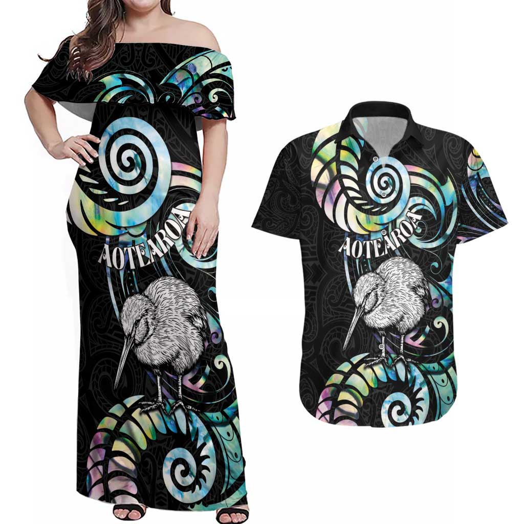 New Zealand Kiwi Bird Couples Matching Off Shoulder Maxi Dress and Hawaiian Shirt Silver Fern Koru Paua Shell
