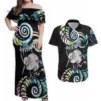 New Zealand Kiwi Bird Couples Matching Off Shoulder Maxi Dress and Hawaiian Shirt Silver Fern Koru Paua Shell