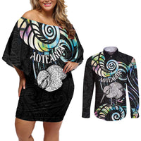 New Zealand Kiwi Bird Couples Matching Off Shoulder Short Dress and Long Sleeve Button Shirt Silver Fern Koru Paua Shell