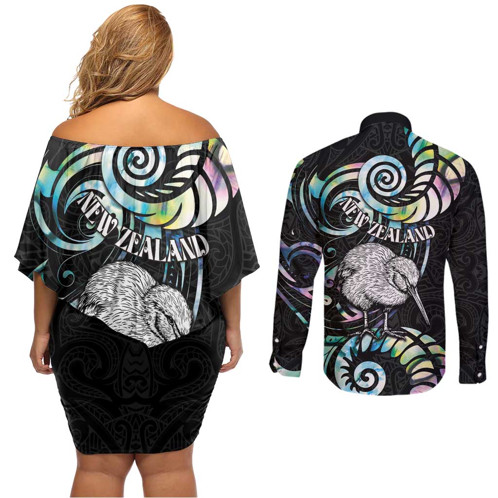 New Zealand Kiwi Bird Couples Matching Off Shoulder Short Dress and Long Sleeve Button Shirt Silver Fern Koru Paua Shell