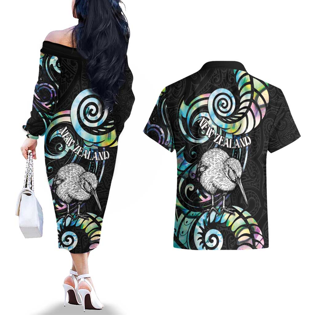 New Zealand Kiwi Bird Couples Matching Off The Shoulder Long Sleeve Dress and Hawaiian Shirt Silver Fern Koru Paua Shell