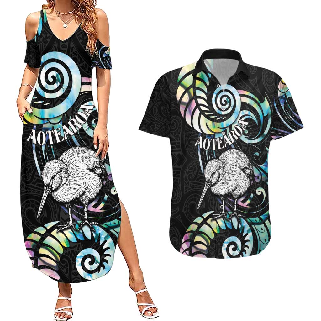 New Zealand Kiwi Bird Couples Matching Summer Maxi Dress and Hawaiian Shirt Silver Fern Koru Paua Shell