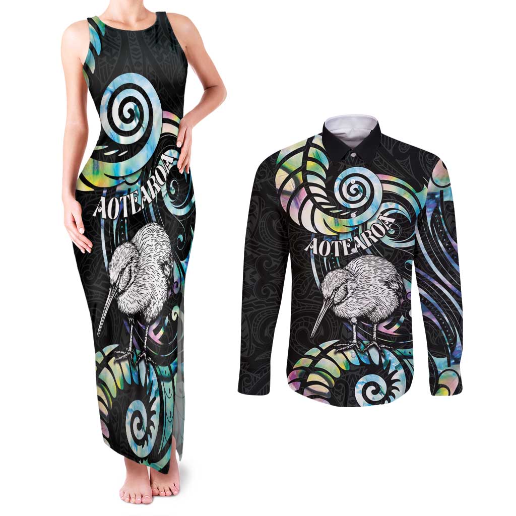 New Zealand Kiwi Bird Couples Matching Tank Maxi Dress and Long Sleeve Button Shirt Silver Fern Koru Paua Shell