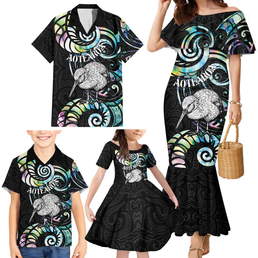New Zealand Kiwi Bird Family Matching Mermaid Dress and Hawaiian Shirt Silver Fern Koru Paua Shell