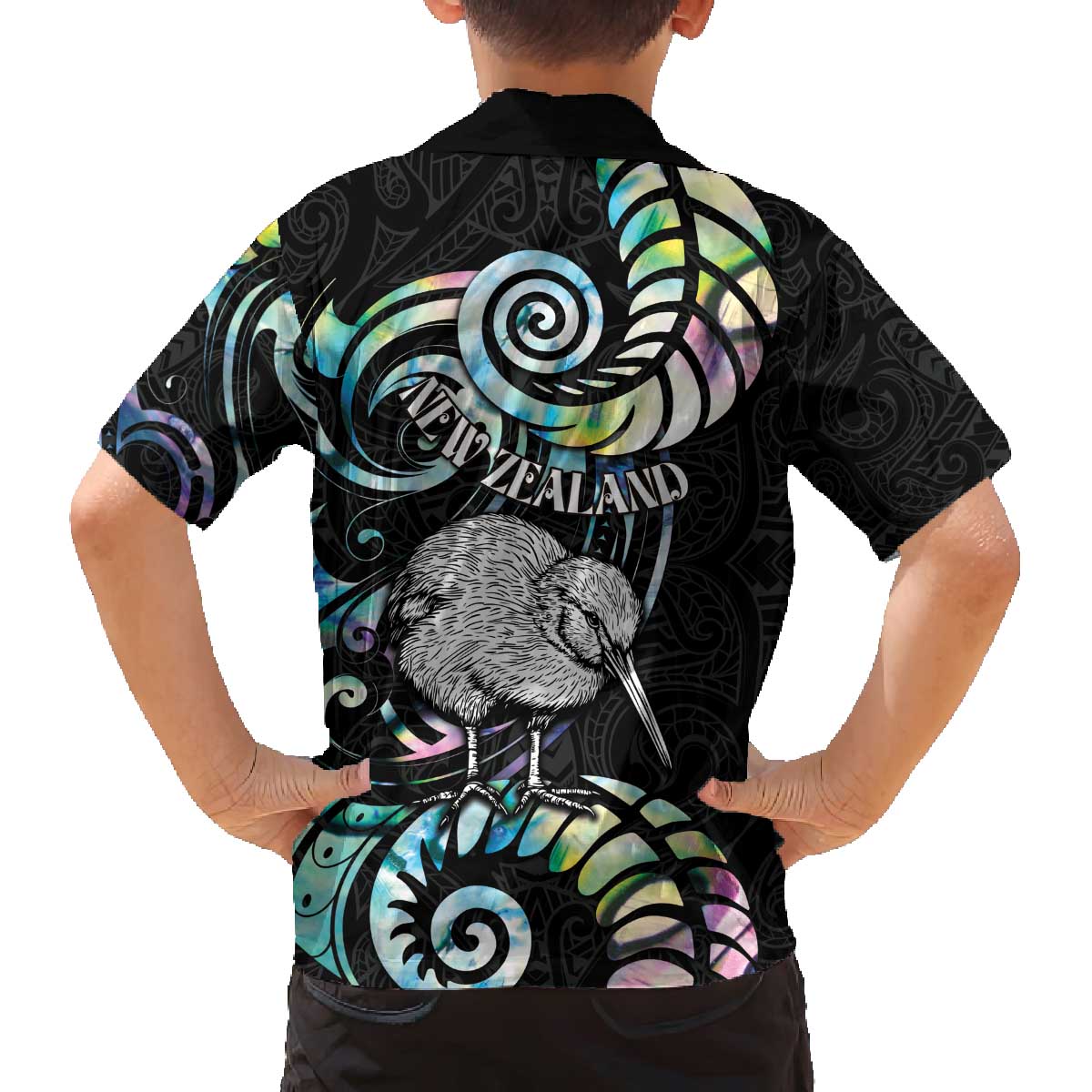 New Zealand Kiwi Bird Family Matching Off The Shoulder Long Sleeve Dress and Hawaiian Shirt Silver Fern Koru Paua Shell