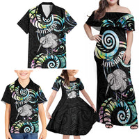 New Zealand Kiwi Bird Family Matching Off Shoulder Maxi Dress and Hawaiian Shirt Silver Fern Koru Paua Shell