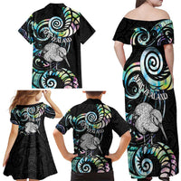 New Zealand Kiwi Bird Family Matching Off Shoulder Maxi Dress and Hawaiian Shirt Silver Fern Koru Paua Shell