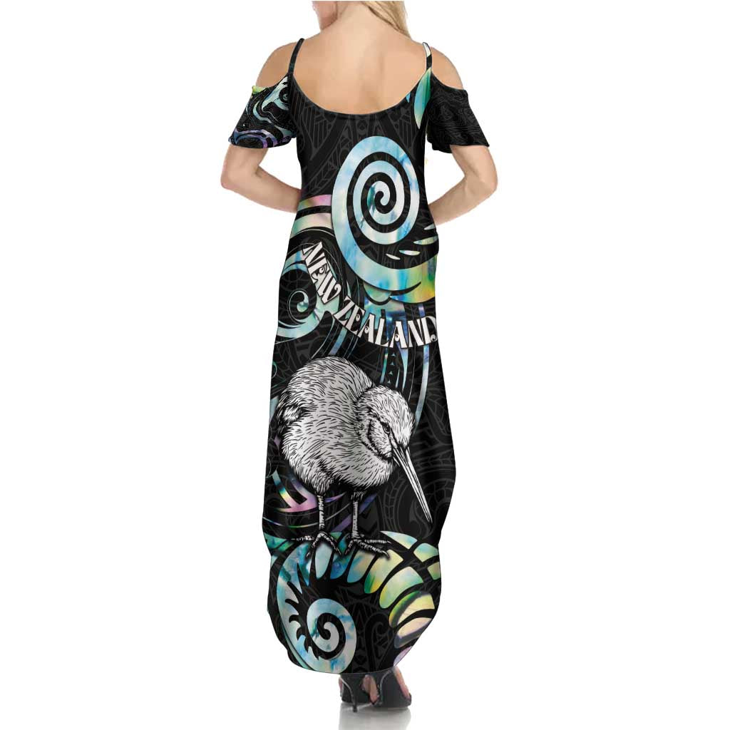 New Zealand Kiwi Bird Family Matching Summer Maxi Dress and Hawaiian Shirt Silver Fern Koru Paua Shell