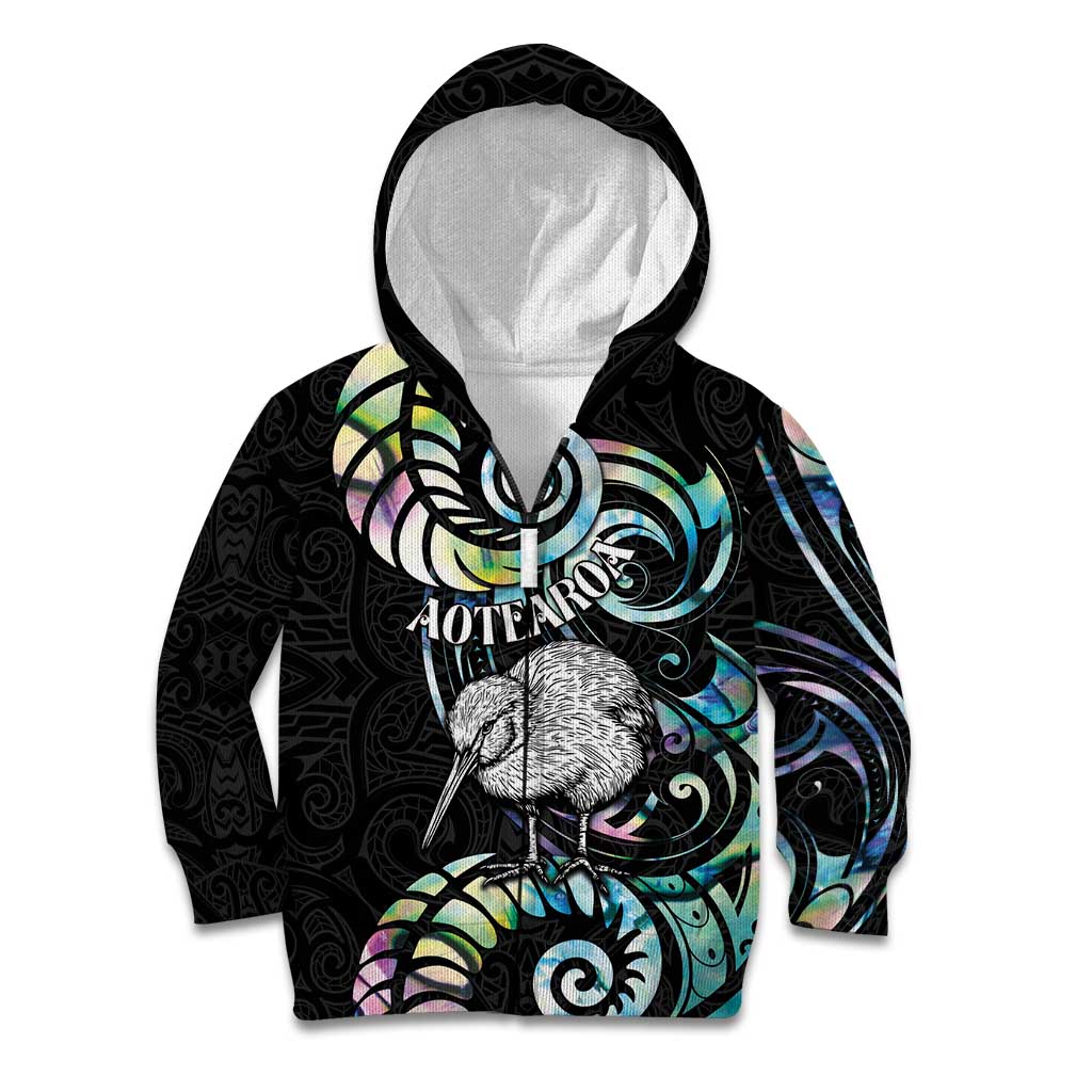 New Zealand Kiwi Bird Kid Hoodie Silver Fern Koru Paua Shell