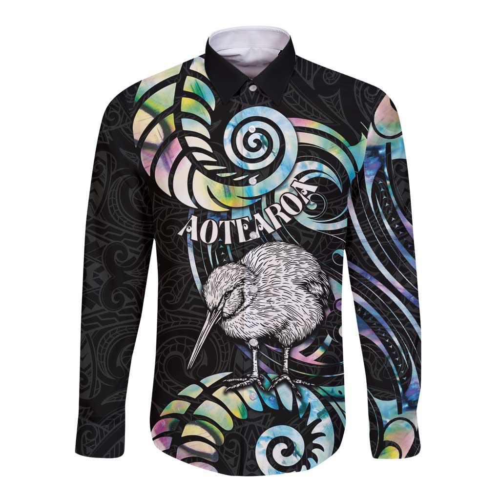 New Zealand Kiwi Bird Long Sleeve Button Shirt Silver Fern Koru Paua Shell