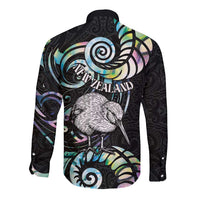 New Zealand Kiwi Bird Long Sleeve Button Shirt Silver Fern Koru Paua Shell
