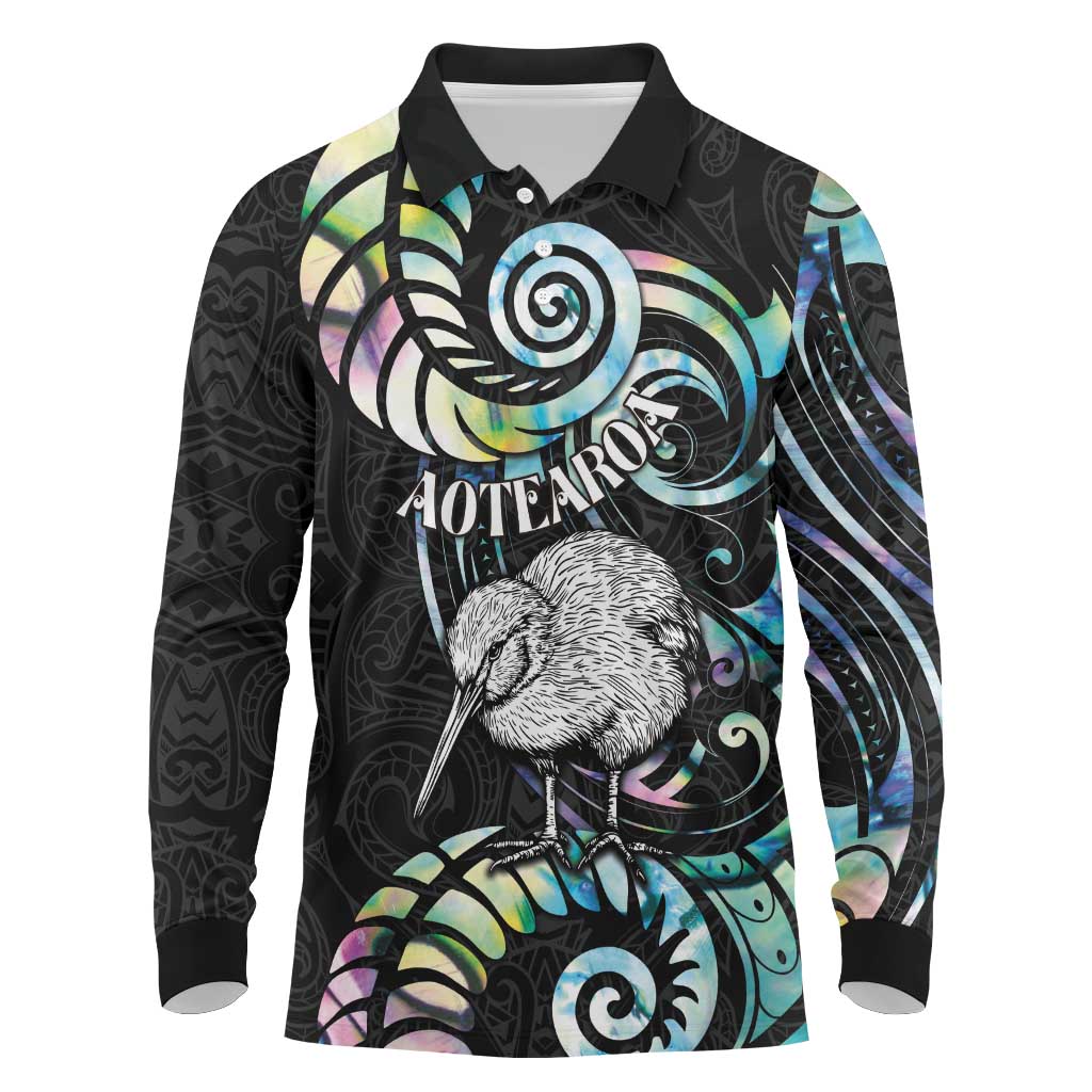 New Zealand Kiwi Bird Long Sleeve Polo Shirt Silver Fern Koru Paua Shell