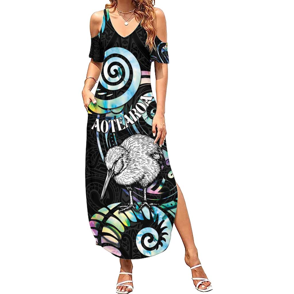 New Zealand Kiwi Bird Summer Maxi Dress Silver Fern Koru Paua Shell