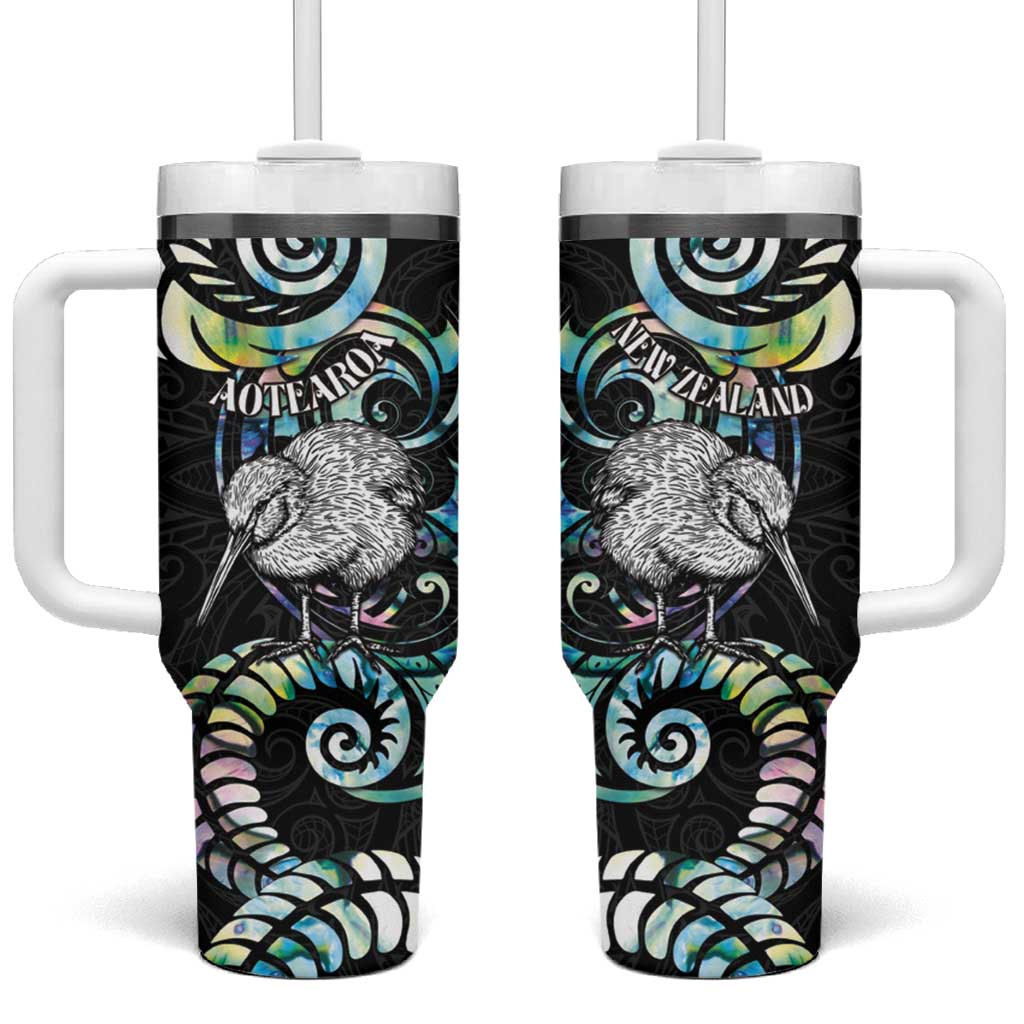 New Zealand Kiwi Bird Tumbler With Handle Silver Fern Koru Paua Shell