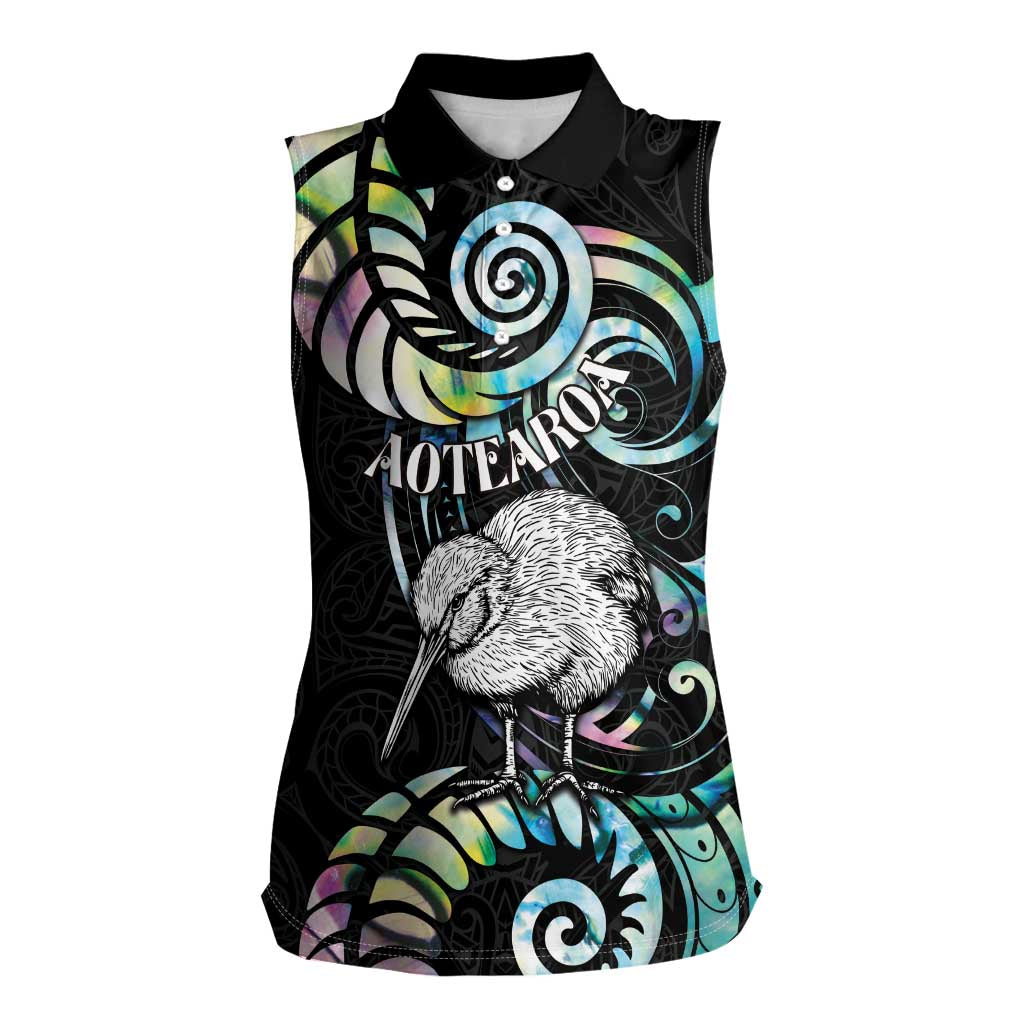 New Zealand Kiwi Bird Women Sleeveless Polo Shirt Silver Fern Koru Paua Shell