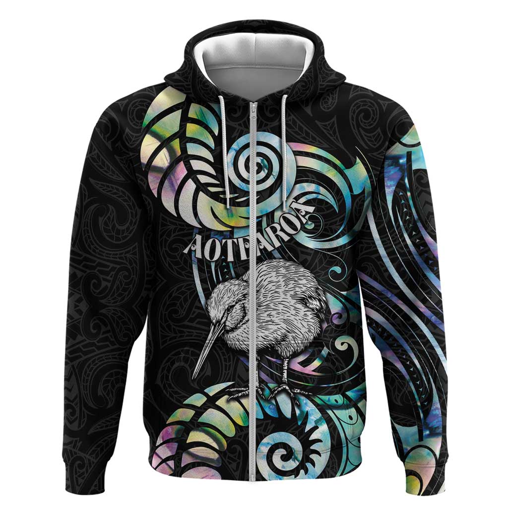New Zealand Kiwi Bird Zip Hoodie Silver Fern Koru Paua Shell