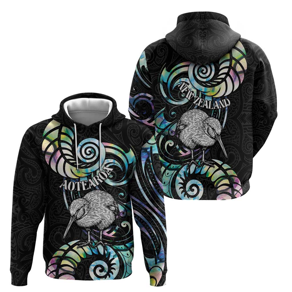 New Zealand Kiwi Bird Zip Hoodie Silver Fern Koru Paua Shell