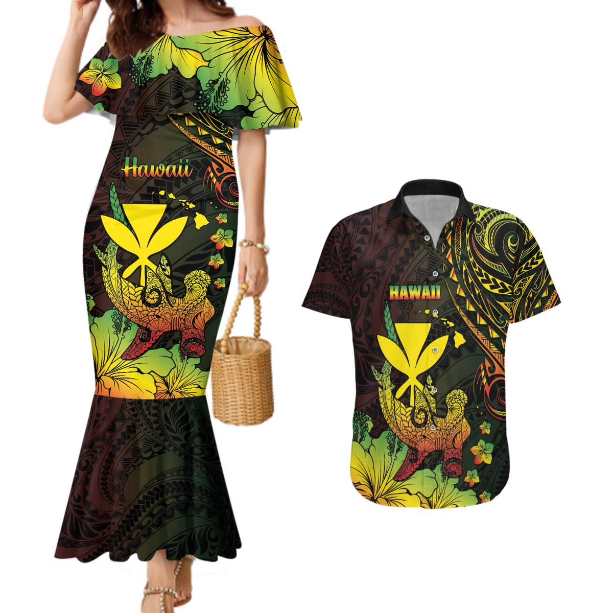 Personalised Hawaii Couples Matching Mermaid Dress and Hawaiian Shirt Kanaka Maoli With Hammerhead Shark