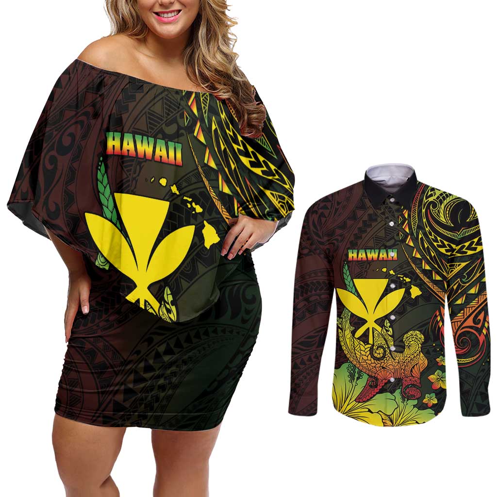Personalised Hawaii Couples Matching Off Shoulder Short Dress and Long Sleeve Button Shirt Kanaka Maoli With Hammerhead Shark