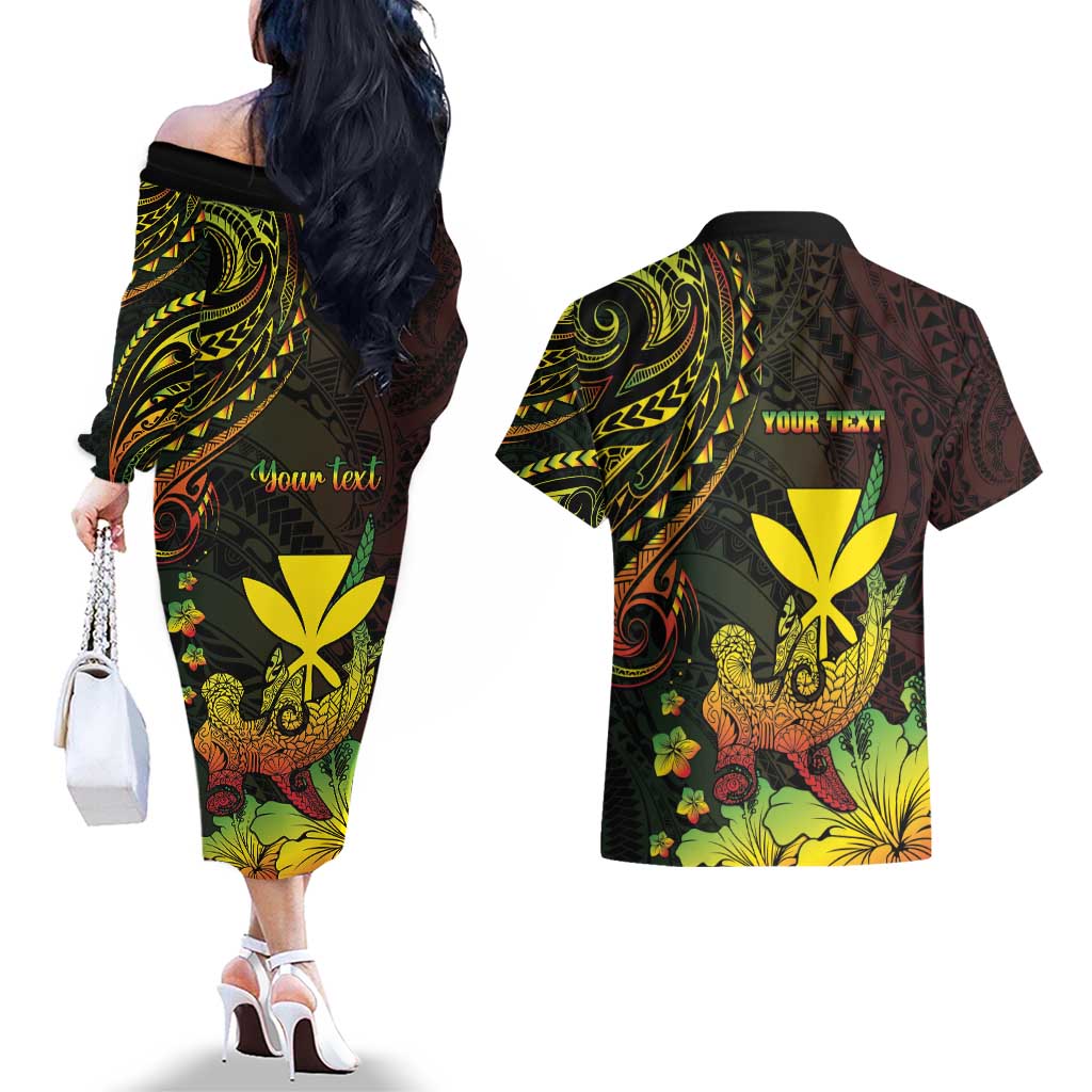 Personalised Hawaii Couples Matching Off The Shoulder Long Sleeve Dress and Hawaiian Shirt Kanaka Maoli With Hammerhead Shark
