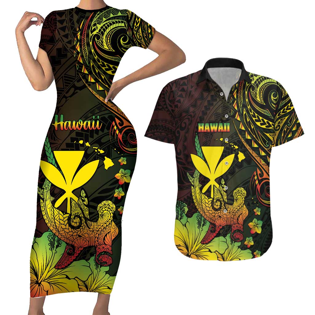 Personalised Hawaii Couples Matching Short Sleeve Bodycon Dress and Hawaiian Shirt Kanaka Maoli With Hammerhead Shark