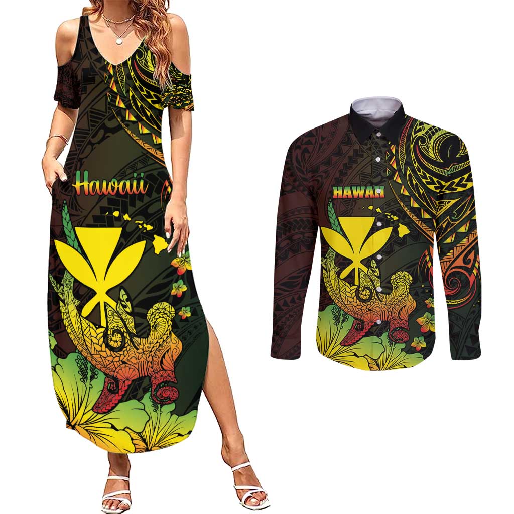 Personalised Hawaii Couples Matching Summer Maxi Dress and Long Sleeve Button Shirt Kanaka Maoli With Hammerhead Shark