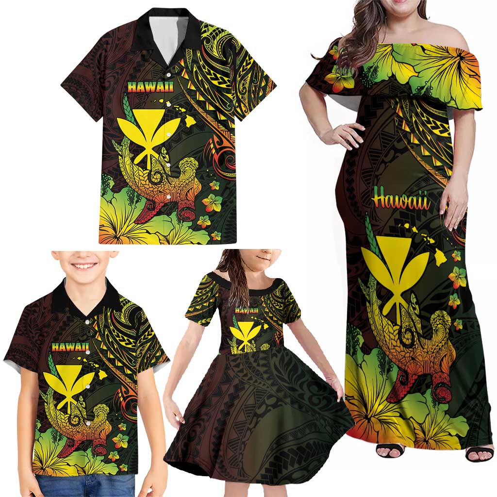 Personalised Hawaii Family Matching Off Shoulder Maxi Dress and Hawaiian Shirt Kanaka Maoli With Hammerhead Shark