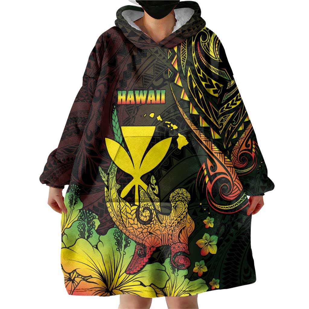 Personalised Hawaii Wearable Blanket Hoodie Kanaka Maoli With Hammerhead Shark