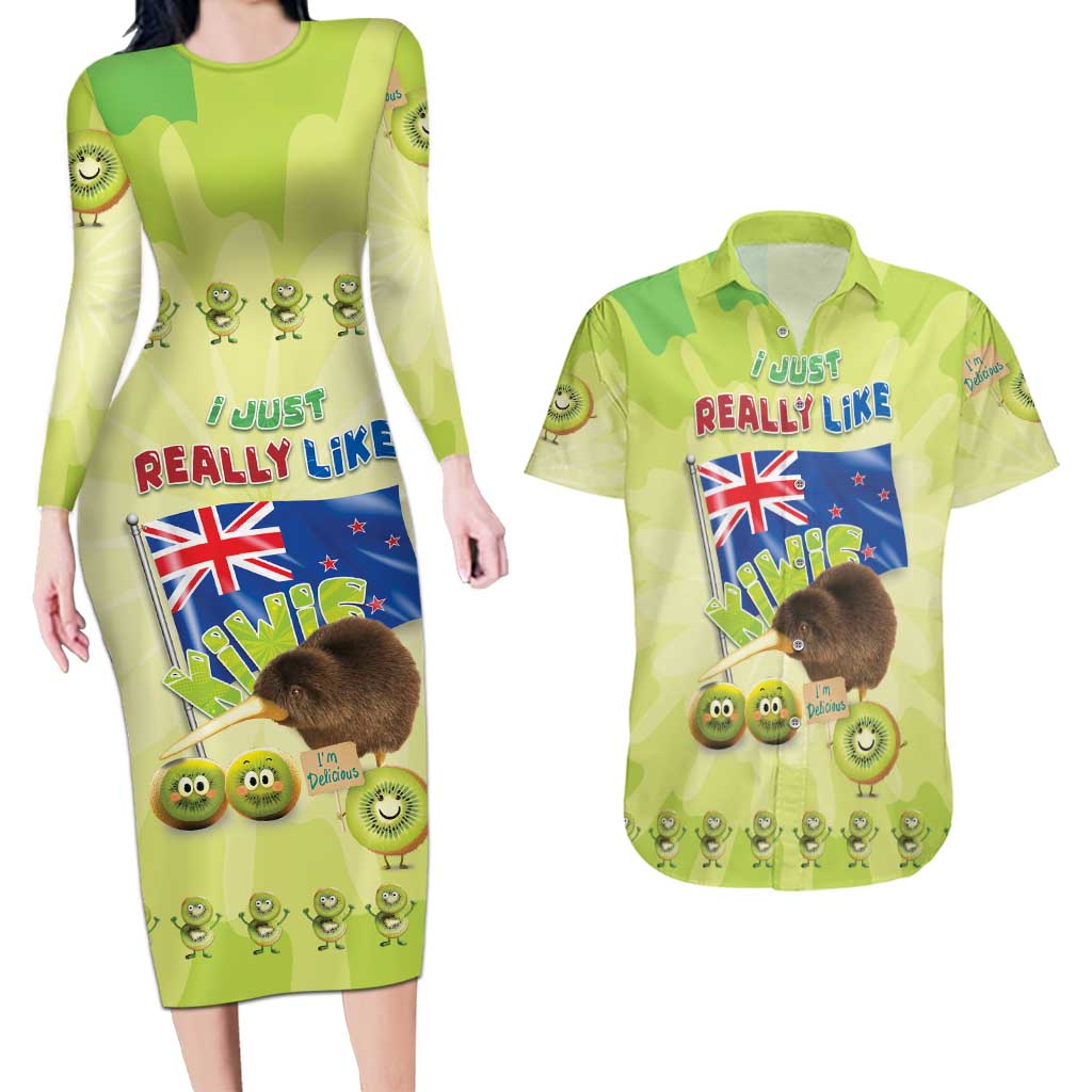 New Zealand Kiwi Couples Matching Long Sleeve Bodycon Dress and Hawaiian Shirt I Just Really Like Kiwis