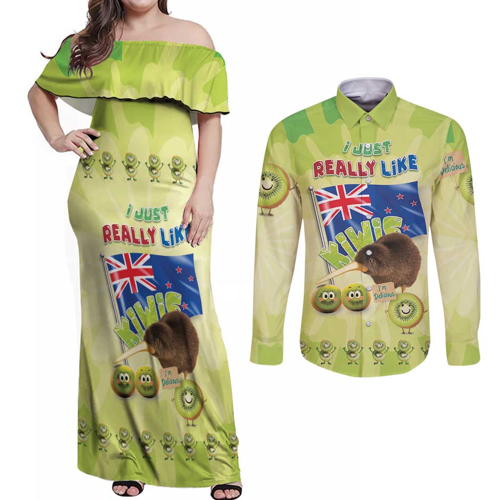 New Zealand Kiwi Couples Matching Off Shoulder Maxi Dress and Long Sleeve Button Shirt I Just Really Like Kiwis DT04 Green - Polynesian Pride