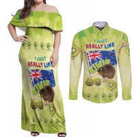 New Zealand Kiwi Couples Matching Off Shoulder Maxi Dress and Long Sleeve Button Shirt I Just Really Like Kiwis DT04 Green - Polynesian Pride