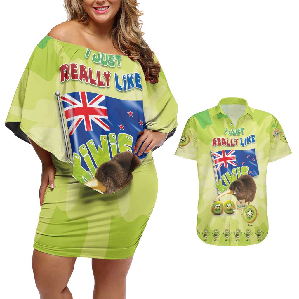 New Zealand Kiwi Couples Matching Off Shoulder Short Dress and Hawaiian Shirt I Just Really Like Kiwis