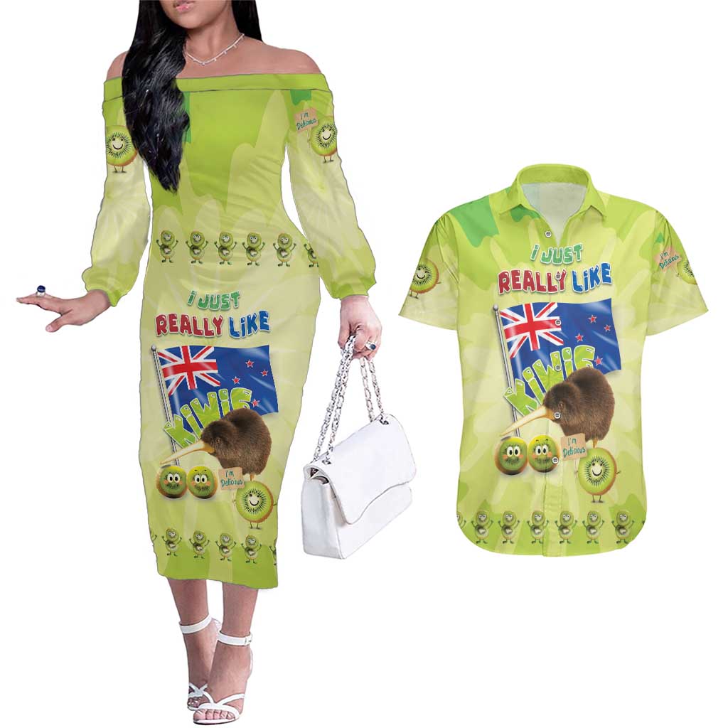 New Zealand Kiwi Couples Matching Off The Shoulder Long Sleeve Dress and Hawaiian Shirt I Just Really Like Kiwis DT04 Green - Polynesian Pride