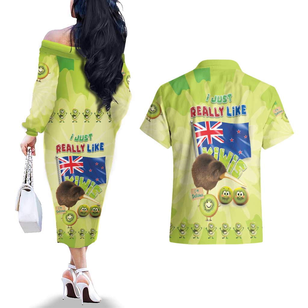 New Zealand Kiwi Couples Matching Off The Shoulder Long Sleeve Dress and Hawaiian Shirt I Just Really Like Kiwis DT04 - Polynesian Pride