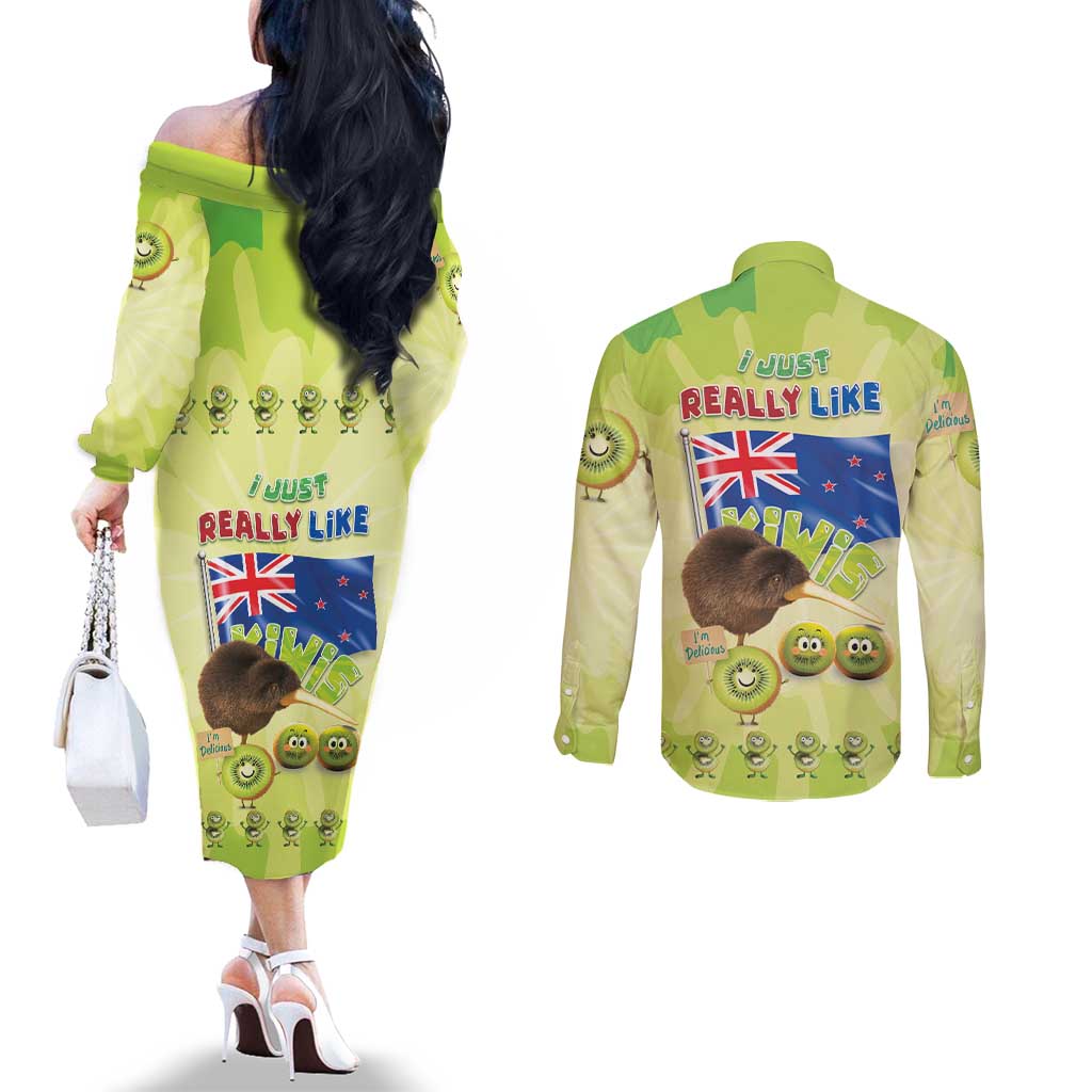 New Zealand Kiwi Couples Matching Off The Shoulder Long Sleeve Dress and Long Sleeve Button Shirt I Just Really Like Kiwis