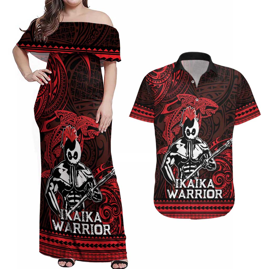 Hawaii Ikaika Warrior Couples Matching Off Shoulder Maxi Dress and Hawaiian Shirt Hawaiian Tribal Tattoo