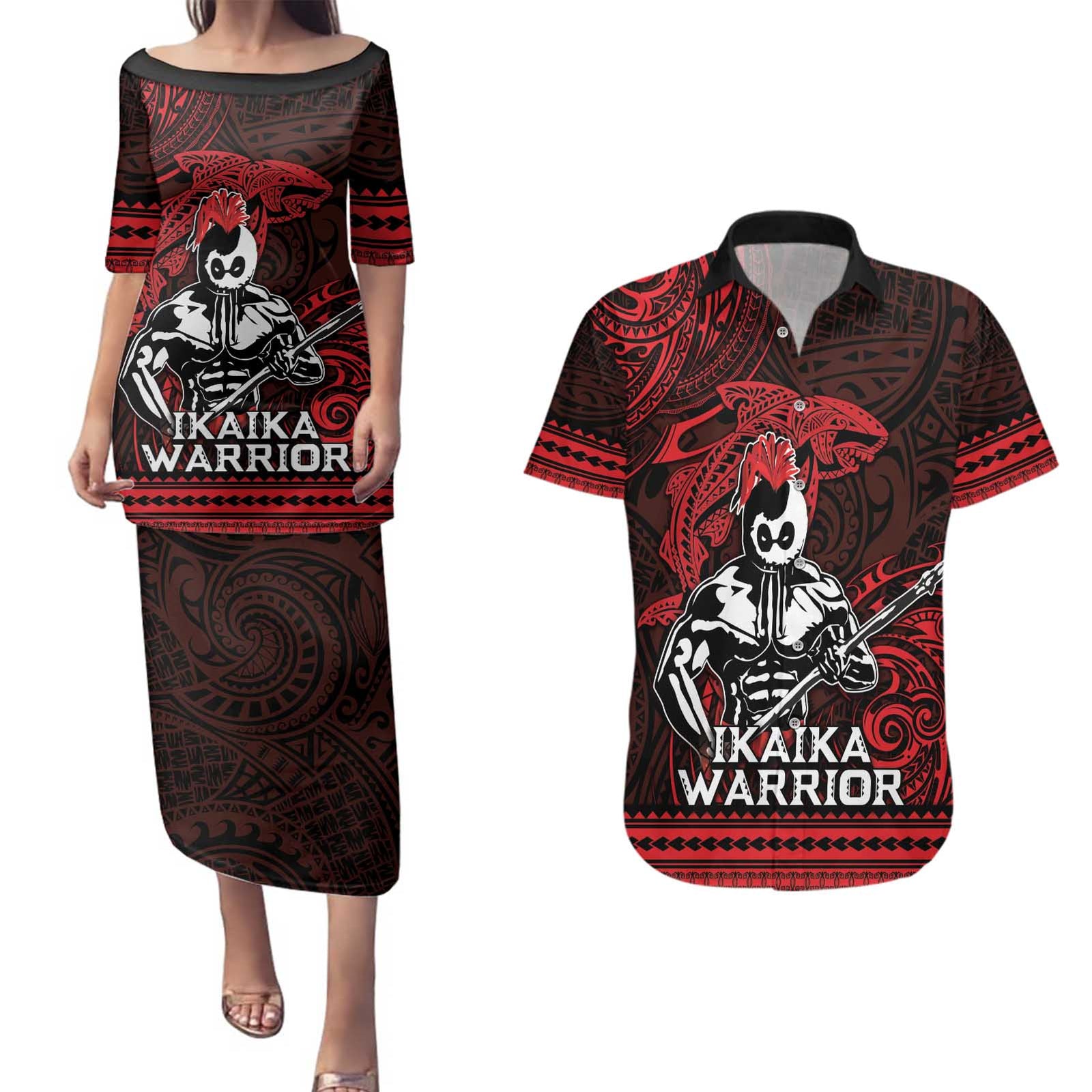 Hawaii Ikaika Warrior Couples Matching Puletasi and Hawaiian Shirt Hawaiian Tribal Tattoo