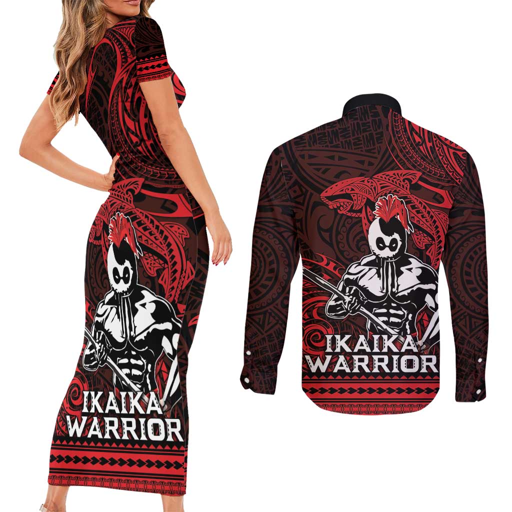 Hawaii Ikaika Warrior Couples Matching Short Sleeve Bodycon Dress and Long Sleeve Button Shirt Hawaiian Tribal Tattoo