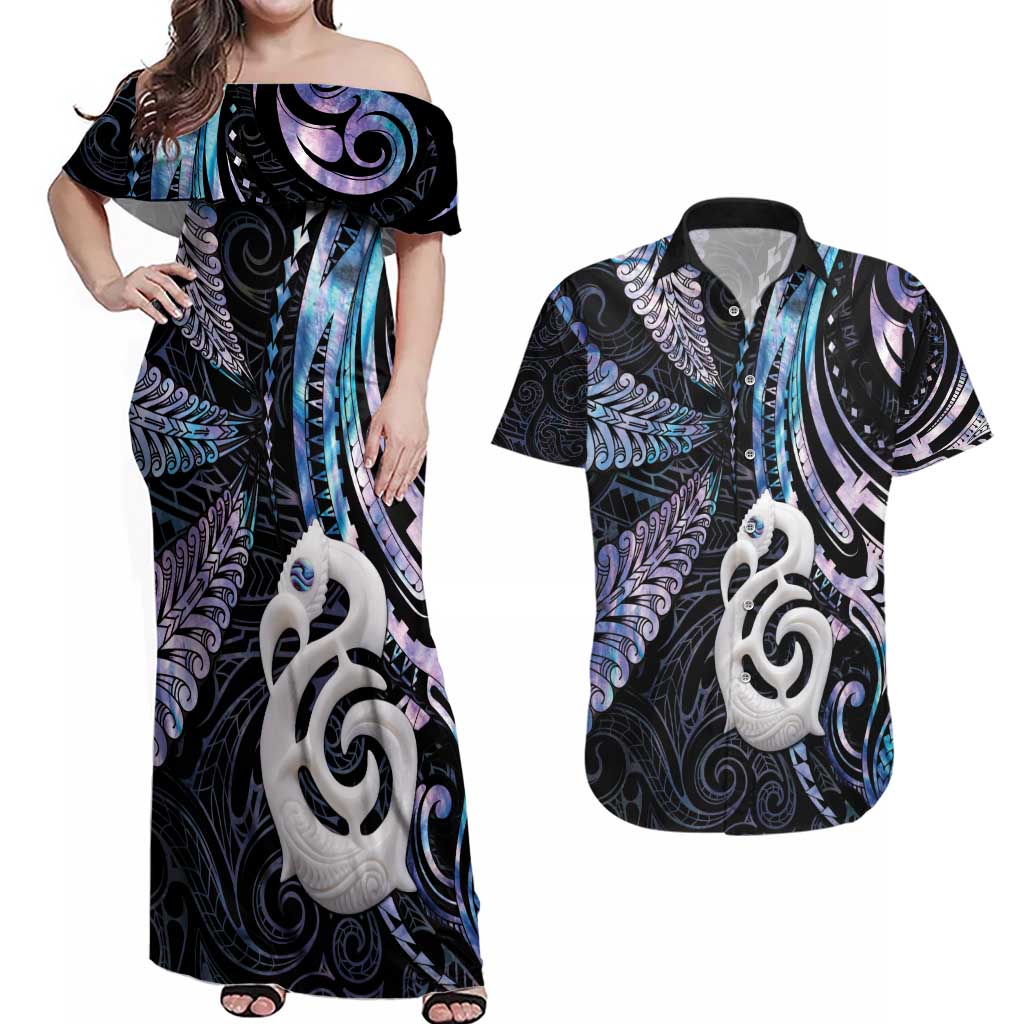 New Zealand Aotearoa Couples Matching Off Shoulder Maxi Dress and Hawaiian Shirt Maori Hei Manaia Purple Paua Shell