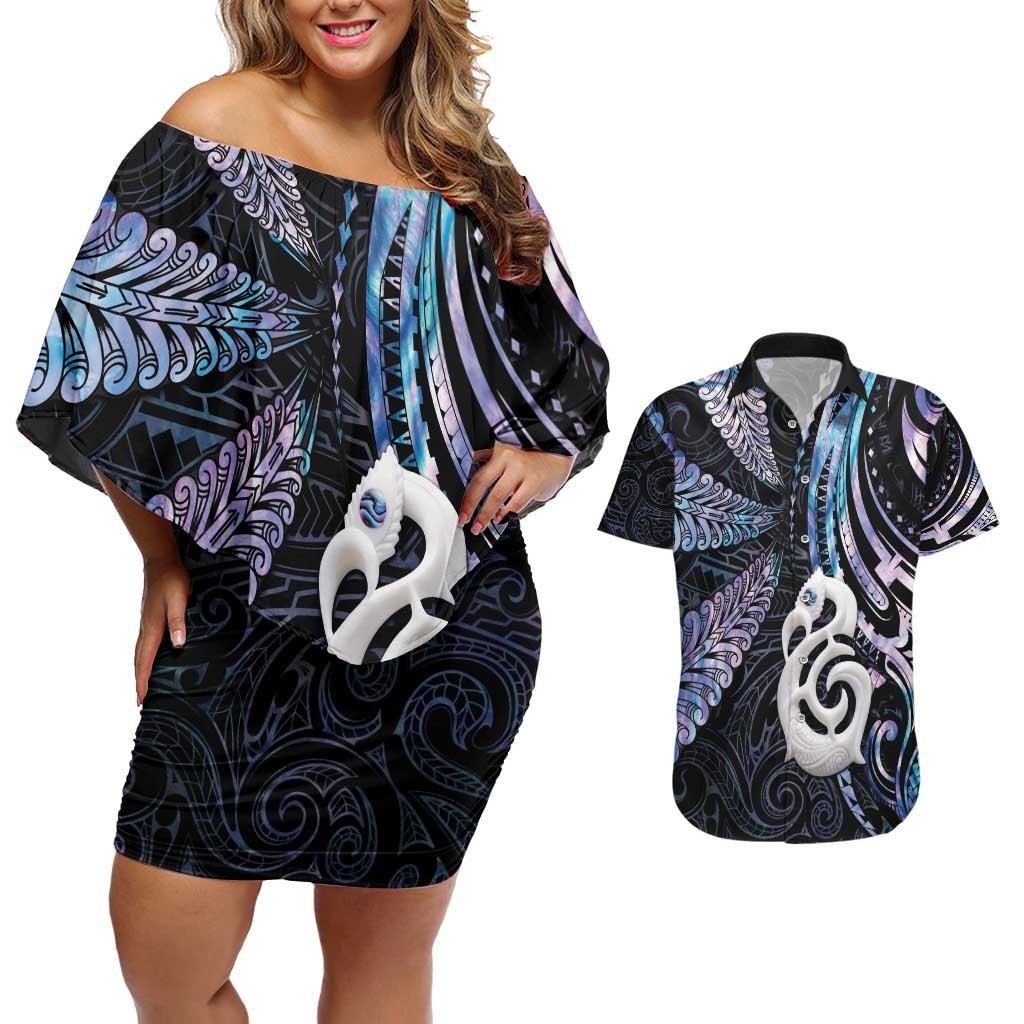 New Zealand Aotearoa Couples Matching Off Shoulder Short Dress and Hawaiian Shirt Maori Hei Manaia Purple Paua Shell