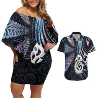 New Zealand Aotearoa Couples Matching Off Shoulder Short Dress and Hawaiian Shirt Maori Hei Manaia Purple Paua Shell