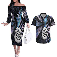 New Zealand Aotearoa Couples Matching Off The Shoulder Long Sleeve Dress and Hawaiian Shirt Maori Hei Manaia Purple Paua Shell