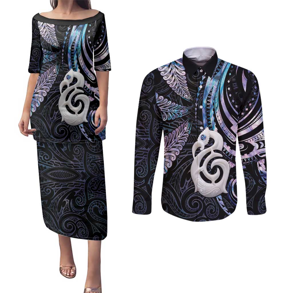 New Zealand Aotearoa Couples Matching Puletasi and Long Sleeve Button Shirt Maori Hei Manaia Purple Paua Shell