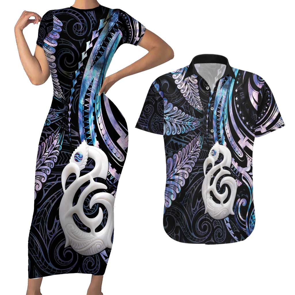 New Zealand Aotearoa Couples Matching Short Sleeve Bodycon Dress and Hawaiian Shirt Maori Hei Manaia Purple Paua Shell