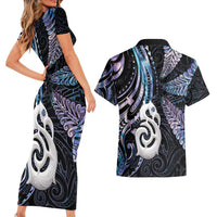 New Zealand Aotearoa Couples Matching Short Sleeve Bodycon Dress and Hawaiian Shirt Maori Hei Manaia Purple Paua Shell