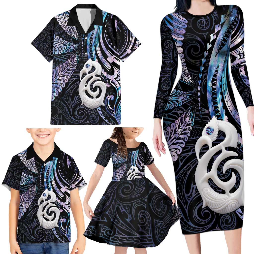 New Zealand Aotearoa Family Matching Long Sleeve Bodycon Dress and Hawaiian Shirt Maori Hei Manaia Purple Paua Shell DT04 - Polynesian Pride