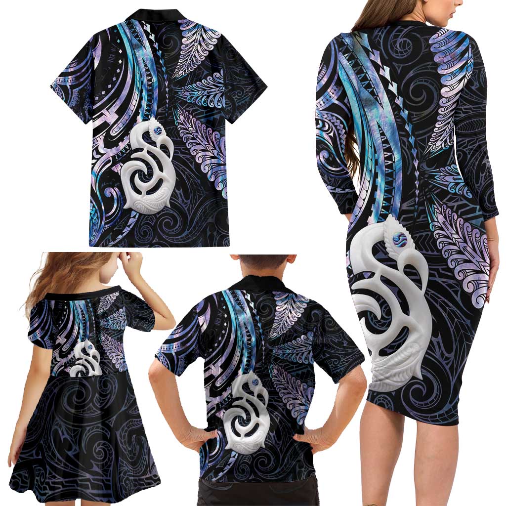New Zealand Aotearoa Family Matching Long Sleeve Bodycon Dress and Hawaiian Shirt Maori Hei Manaia Purple Paua Shell DT04 - Polynesian Pride