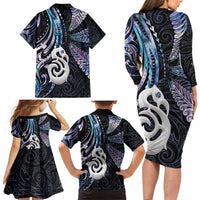New Zealand Aotearoa Family Matching Long Sleeve Bodycon Dress and Hawaiian Shirt Maori Hei Manaia Purple Paua Shell DT04 - Polynesian Pride