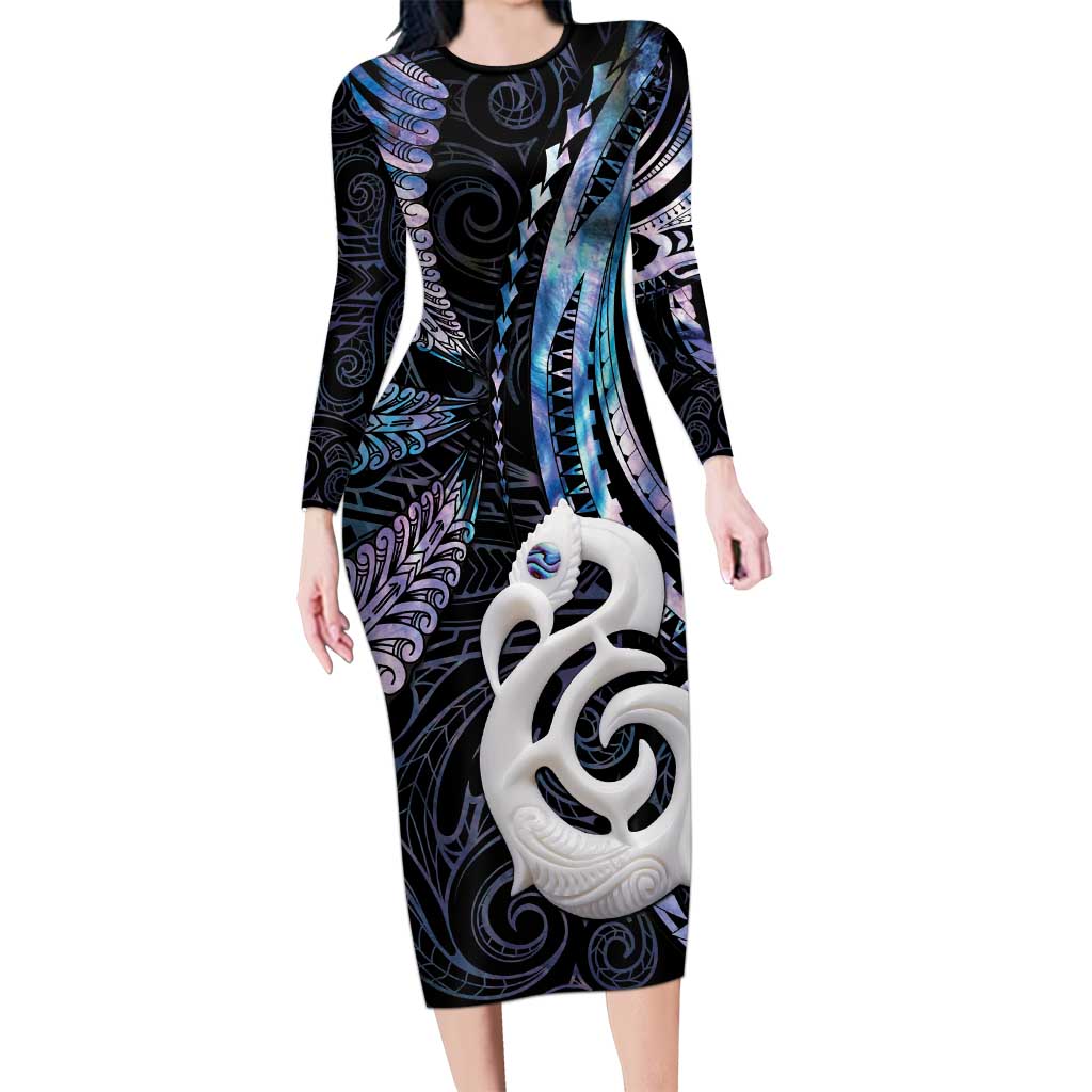 New Zealand Aotearoa Family Matching Long Sleeve Bodycon Dress and Hawaiian Shirt Maori Hei Manaia Purple Paua Shell DT04 Mom's Dress Purple - Polynesian Pride
